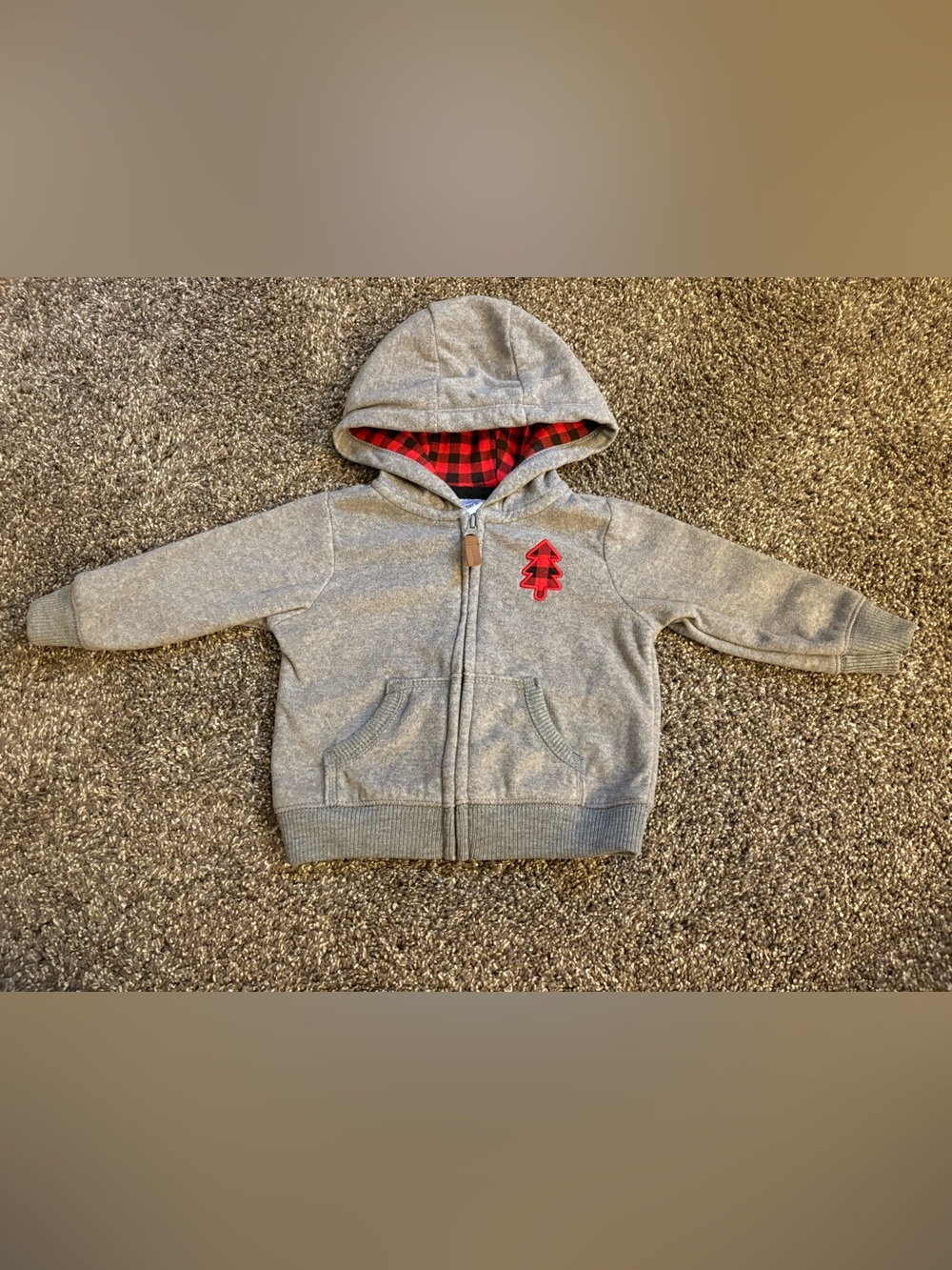 Carter's Gray Zip-up Hoodie with Red Plaid Lining and Tree Patch
